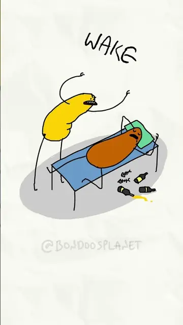 A yellow bean character stands over a brown one lying on a deck chair among bottles. Hand-lettered text: Wake.