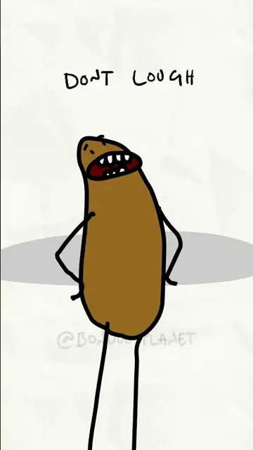 A brown bean with an open mouth and hands on hips. Hand-lettered text: Dont lough.