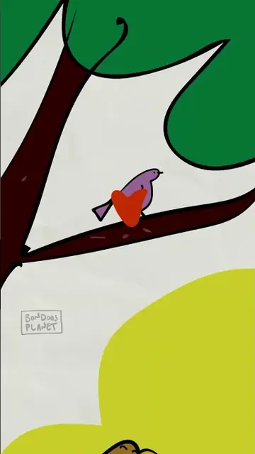 A small red bird sits on a dark tree branch against big green leaves.
