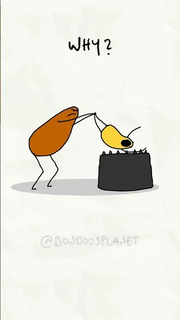 An orange bean bends over a black pot with a yellow bean beside it. Hand-lettered text: Why?