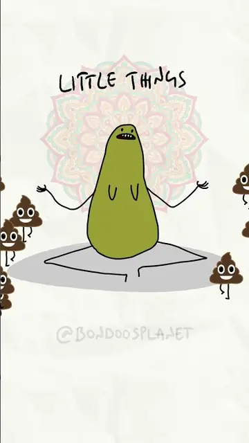 A green bean sits calmly in front of a pale mandala, with small brown figures at the edges. Text: Little things.