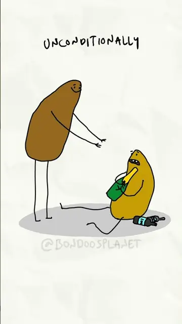 A brown bean reaches toward a mustard bean sitting with a green bottle. Hand-lettered text: Unconditionally.