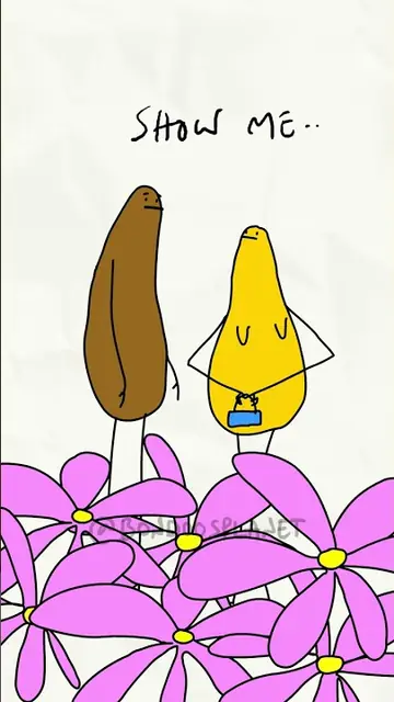 A brown bean and a yellow bean stand among large pink flowers. Hand-lettered text: Show me.