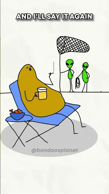 A mustard bean relaxes in a deck chair with a drink while two green aliens with a net stand nearby.
