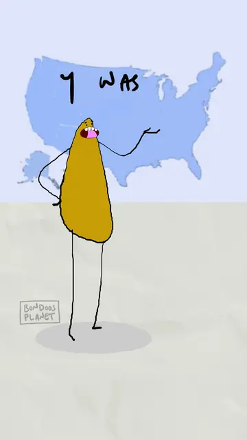 A mustard bean stands in front of a blue map of the USA. Hand-lettered text: Y was.