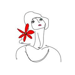 Line drawing of a woman in a hat with a red flower