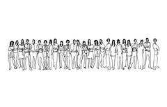 Fine line drawing of a long row of standing people