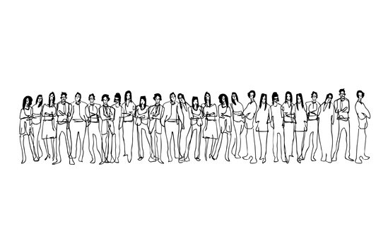 Fine line drawing of a long row of standing people