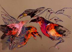 Watercolour painting of crows in red, orange and black