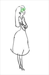 Line drawing of a girl in a long dress with a green hair clip