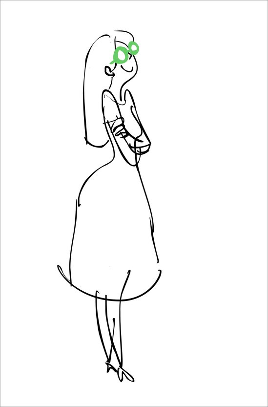 Line drawing of a girl in a long dress with a green hair clip