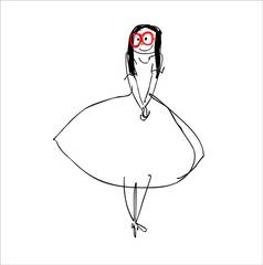 Line drawing of a girl in a full skirt with red glasses