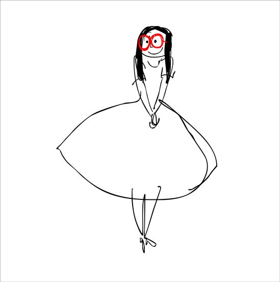 Line drawing of a girl in a full skirt with red glasses