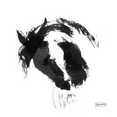 Black ink brush painting of a horse head