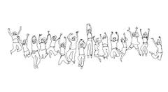 Fine line drawing of a long row of people jumping with arms raised