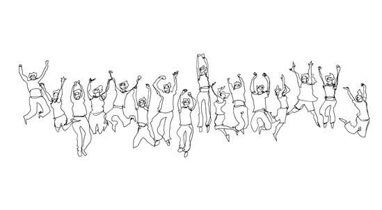 Fine line drawing of a long row of people jumping with arms raised