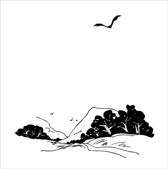 Black ink landscape of bushes and hills with a bird in the sky