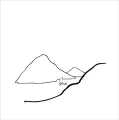 Line drawing of hills and a river
