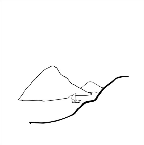 Line drawing of hills and a river