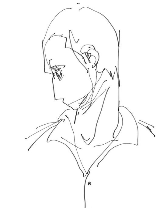 Pencil-style line sketch of a man in a collared shirt