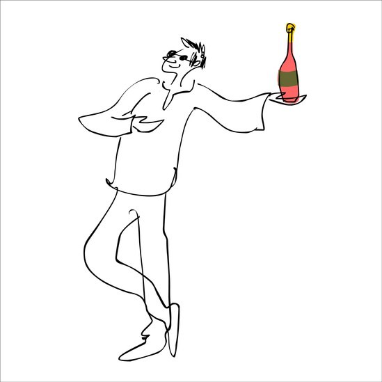 Line drawing of a man holding a bottle on a tray