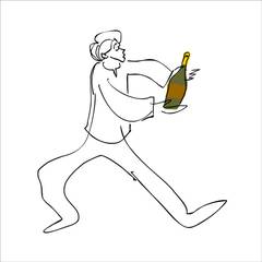 Line drawing of a man striding with a bottle on a tray