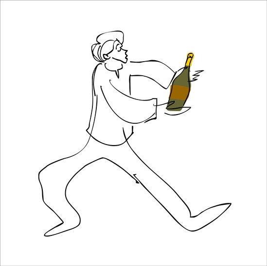Line drawing of a man striding with a bottle on a tray