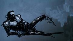 Dark blue painting of a figure lying back