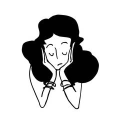 Black and white drawing of a woman with curly hair resting her face in her hands