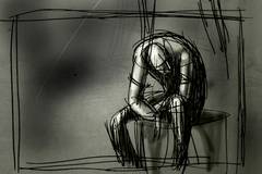 Dark charcoal-toned painting of a hunched figure sitting in a frame