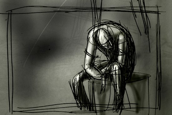 Dark charcoal-toned painting of a hunched figure sitting in a frame