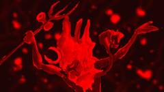 Glowing red painting of a dancing figure holding a trident