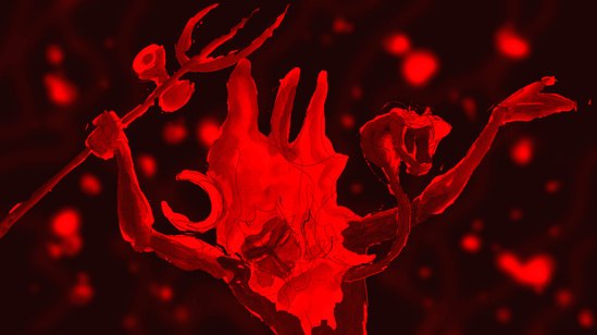 Glowing red painting of a dancing figure holding a trident