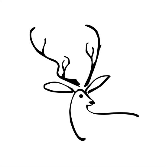 Black ink drawing of a stag head with antlers