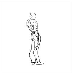 Fine line drawing of a standing figure seen from the side