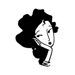 Black and white drawing of a woman with big curly hair, hand on her chin