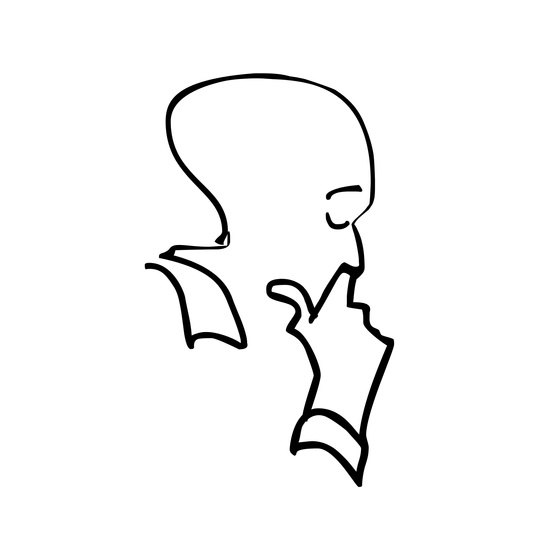 Black ink line drawing of a head in profile