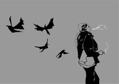 Silhouette of a man smoking, with birds flying around him, on grey