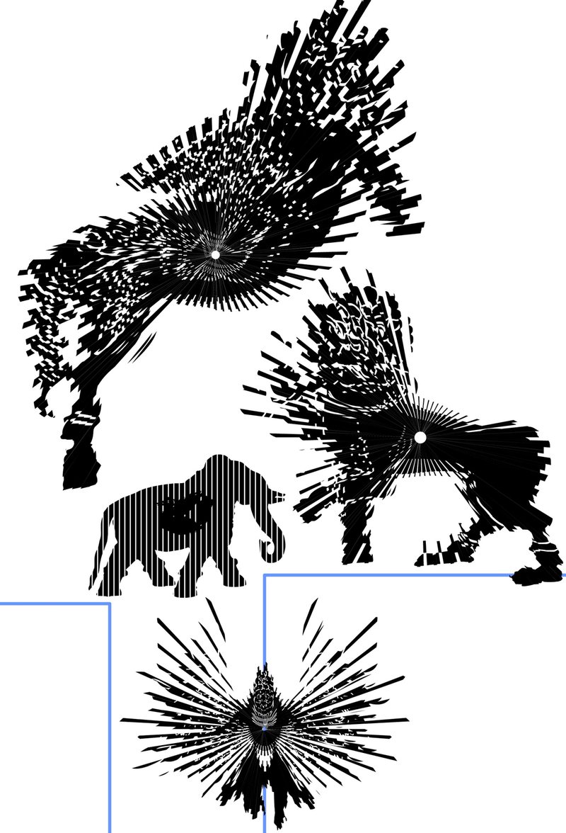 Design artwork: black line animals, including a lion, an elephant and a bird