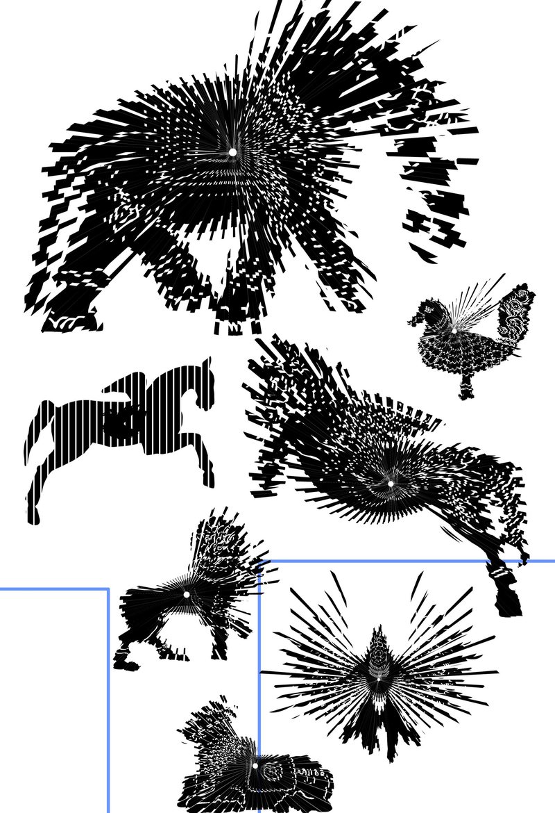 Design artwork: black line animals, including a horse, a lion and a bird